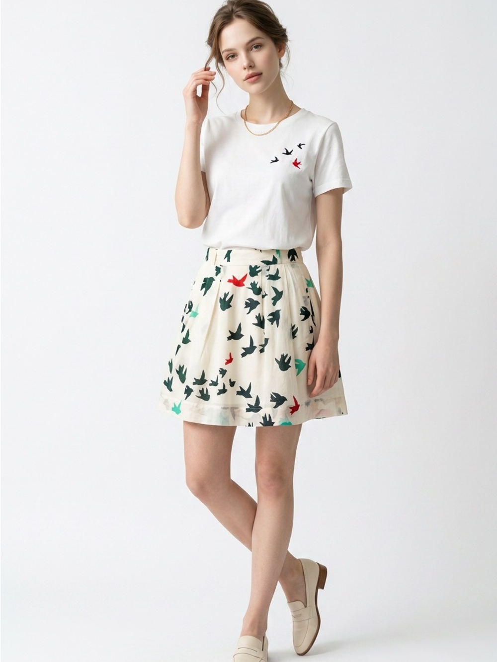 Modern Amusement Cream Circle Skirt with Bird Print